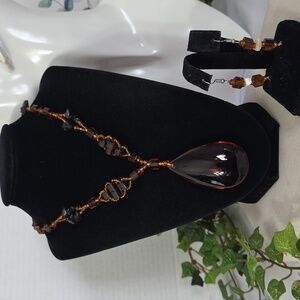 Handmade Amber Color Glass and Natural Stone Teardrop Necklace Earrings Set